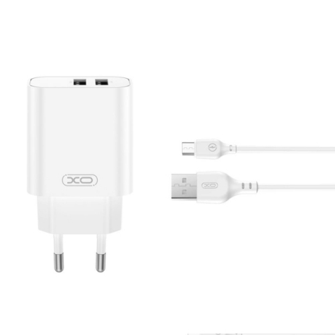 XO TRAVEL CHARGER CE34 2.4A  2 PORTS USB + DATA CABLE MICRO USB white